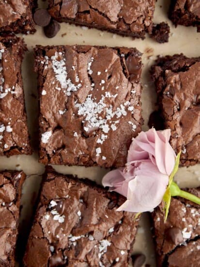 overhead image of sliced one bowl brownies topped with salt