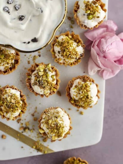 phyllo cup cannoli bites topped with crushed pistachios
