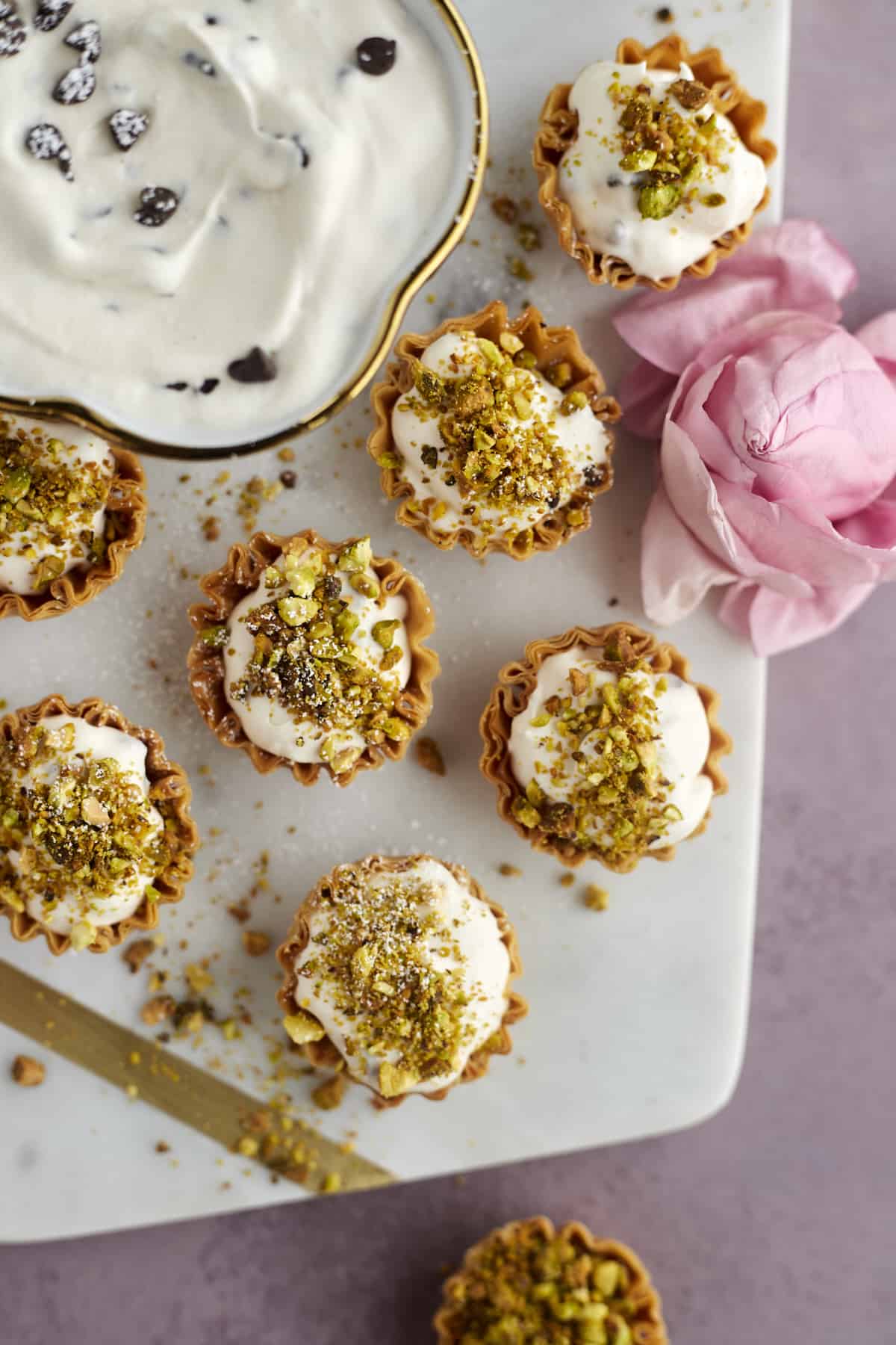 phyllo cup cannoli bites topped with pistachios