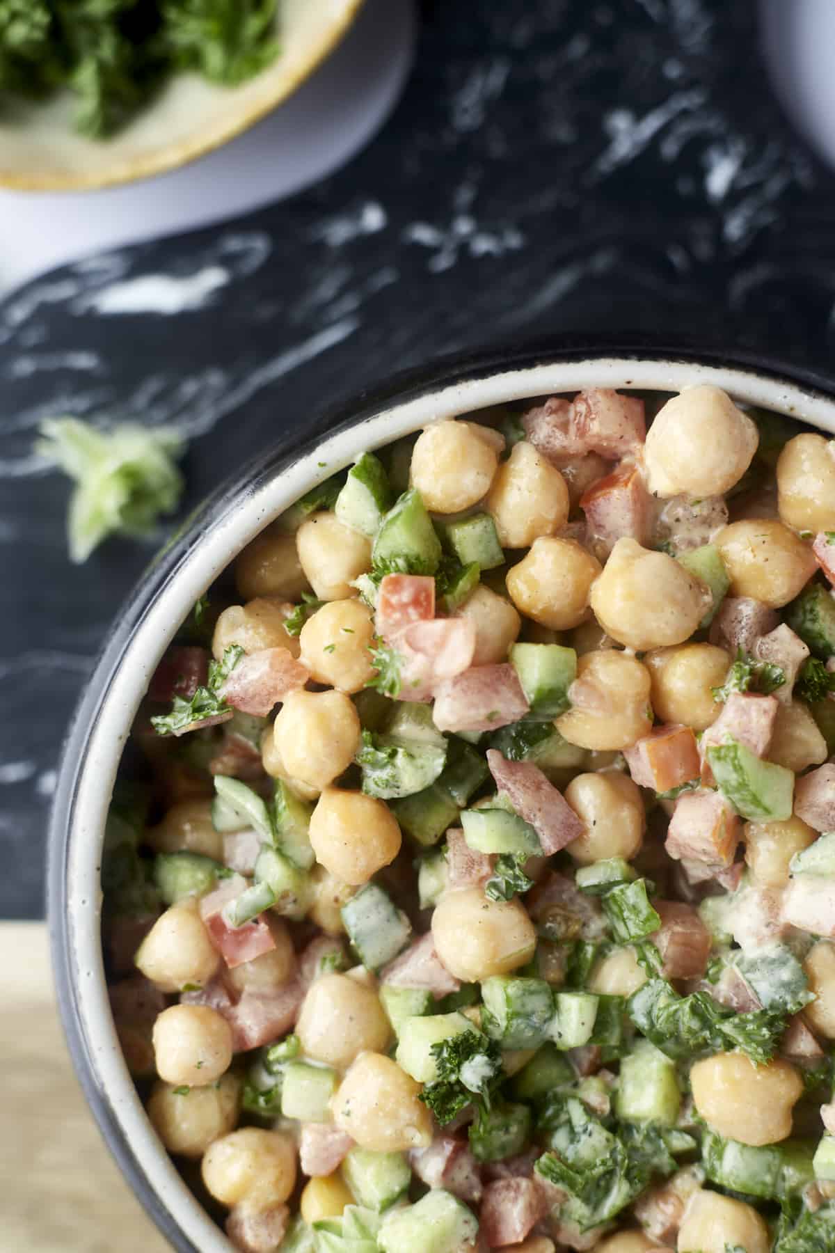 chickpea and cucumber tahina salad with fresh parsley