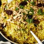a pot of Persian jeweled rice with a spoon dipped in