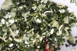 Feta, spinach, and mozzarella in a bowl.