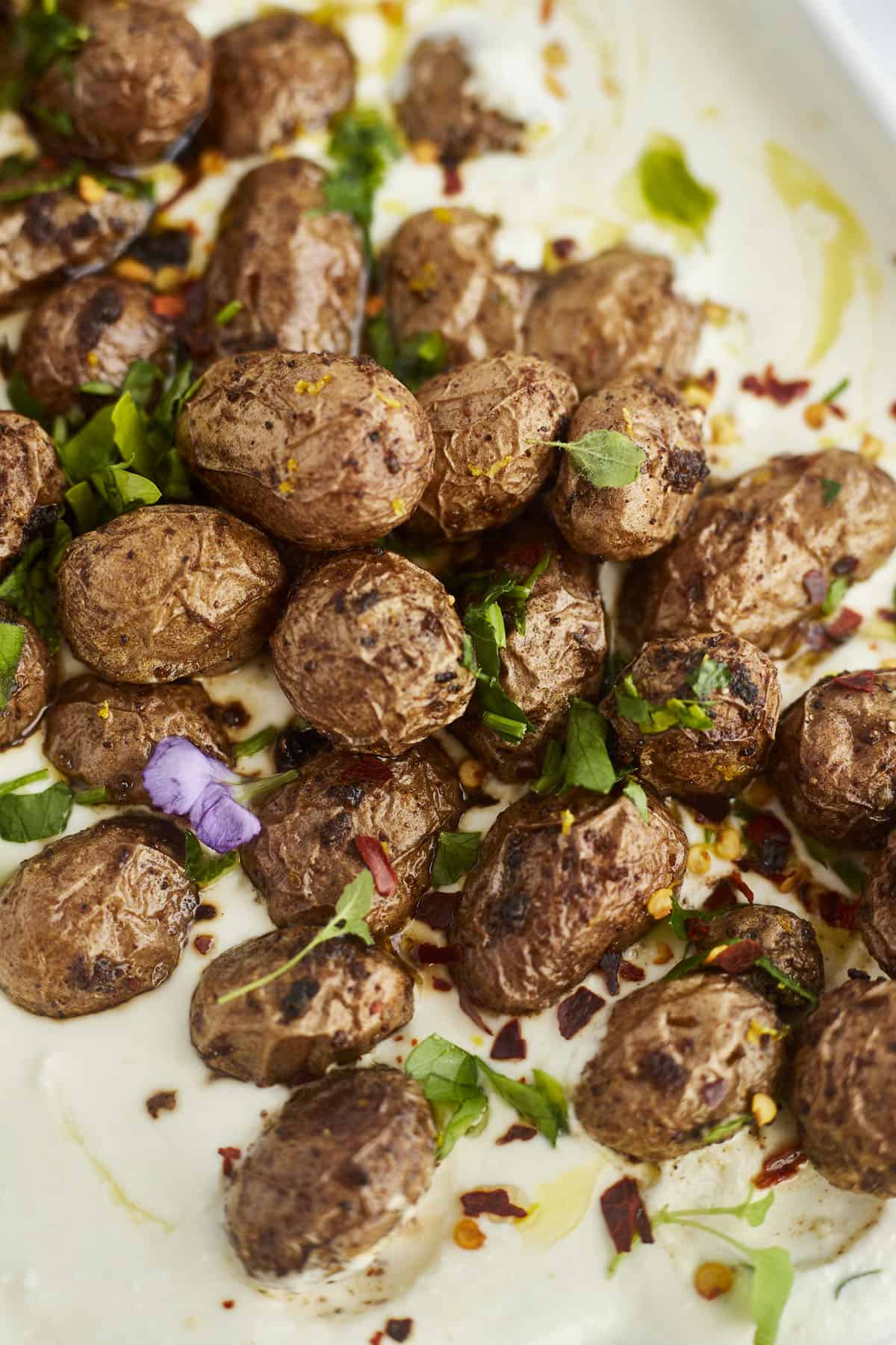 close up image of roasted Greek potatoes on top of whipped feta dip 