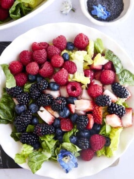 A summer berry salad with raspberries, blueberries, blackberries, and strawberries.