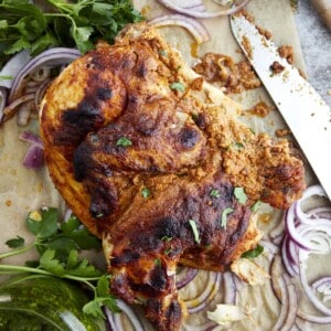 A whole chicken with shawarma spices.