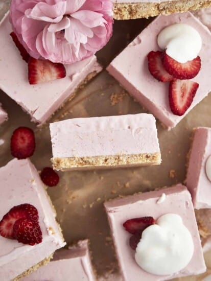 No-bake strawberry cheesecake squares.