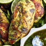 Close up image of a cilantro lime chicken tender.