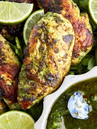 Close up image of a cilantro lime chicken tender.