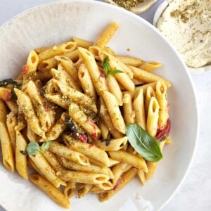 a white plate of hummus pasta with penne