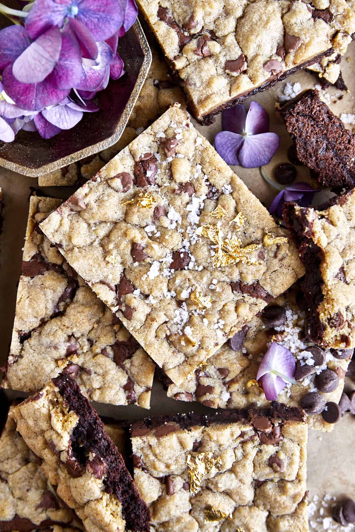 Overhead image of brookie bars topped with Maldon sea salt flakes.