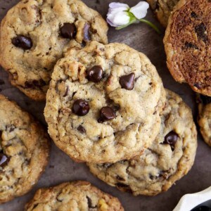 Overhead image of chewy date cookies with chocolate chips and walnuts.