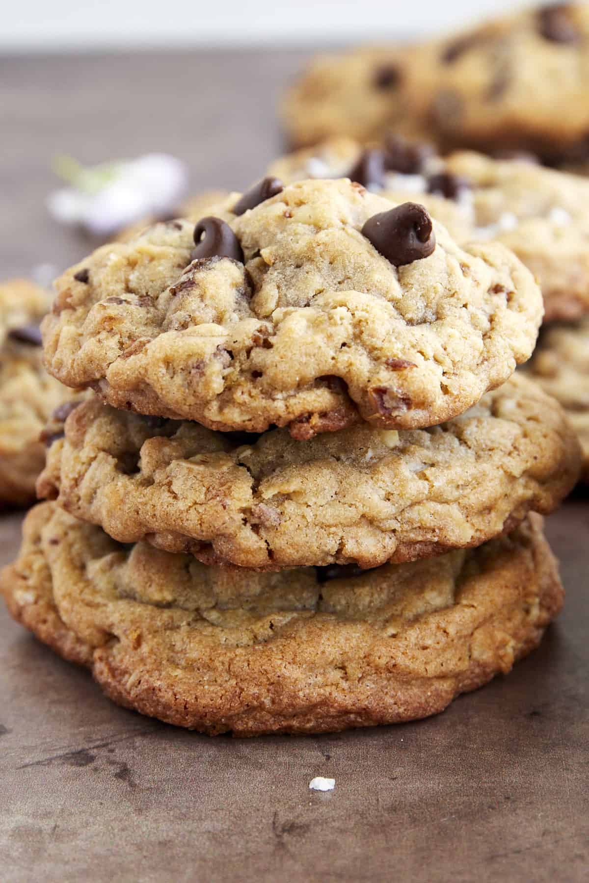 A stack of three golden date cookies with chocolate chips and walnuts on top of each other.