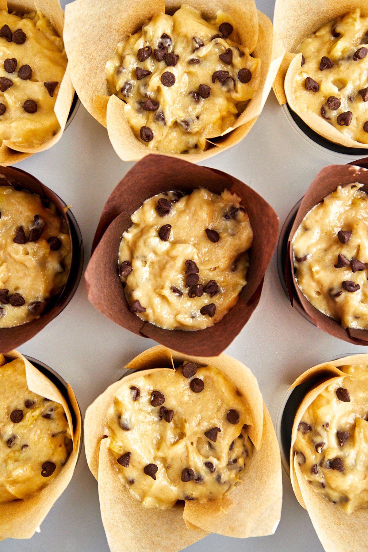 Unbaked banana bread muffins with chocolate chips in a muffin pan with paper liners. 