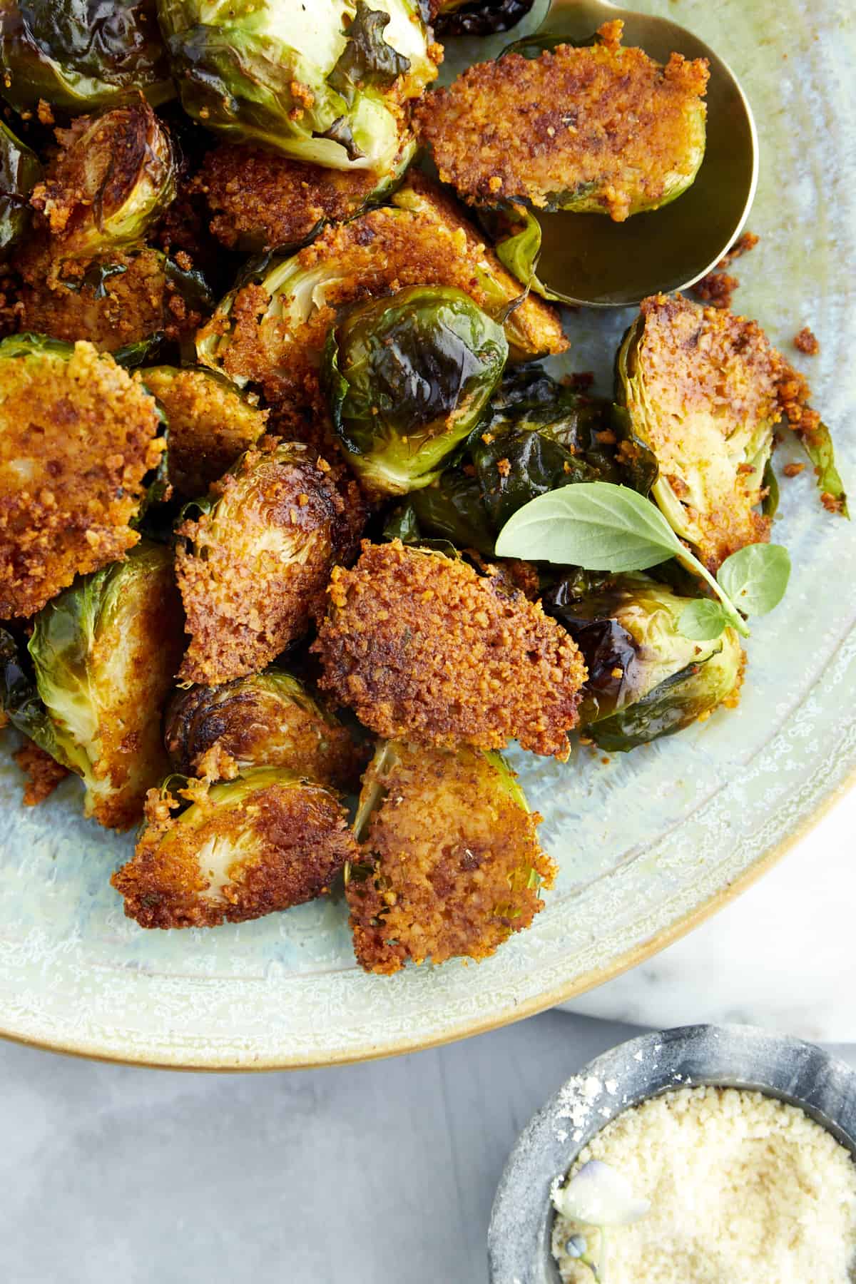 A plate of Parmesan brussel sprouts.
