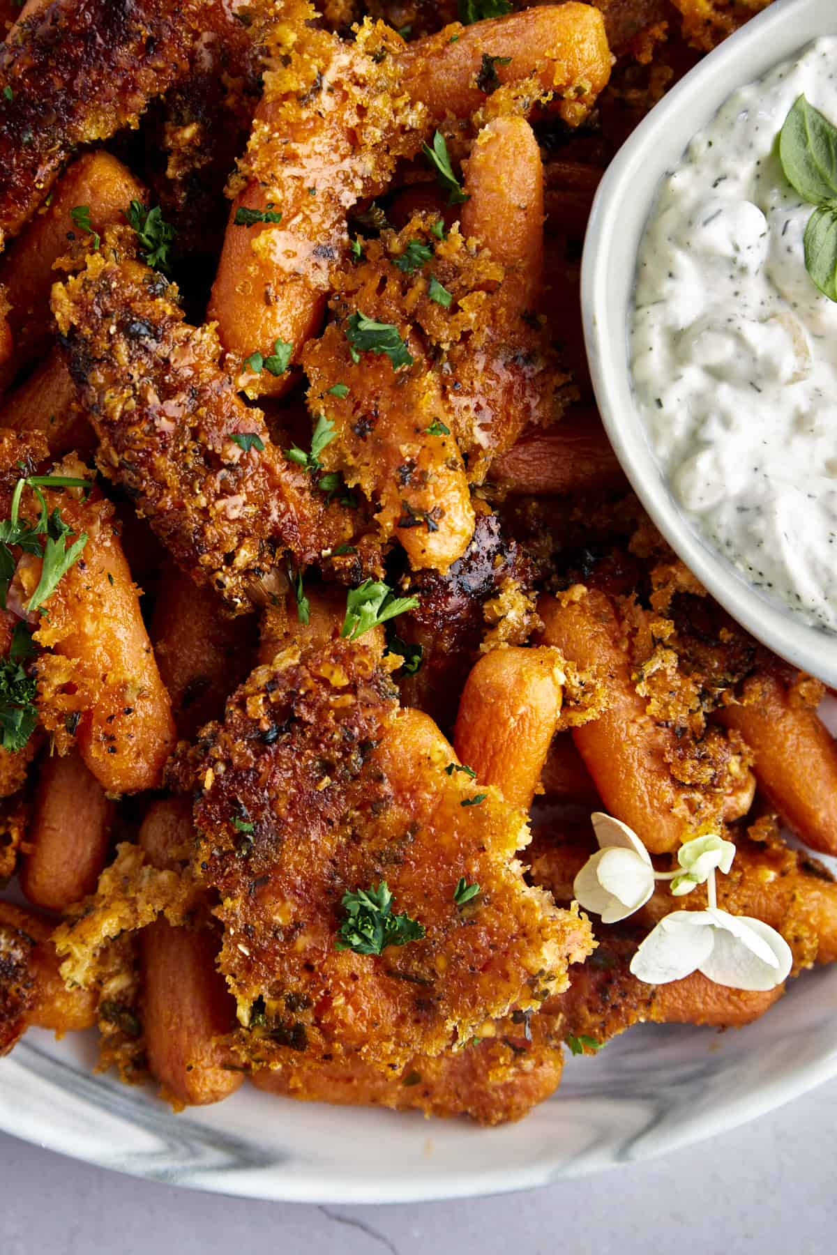 Close up image of breadcrumb coating on Parmesan roasted carrots. 