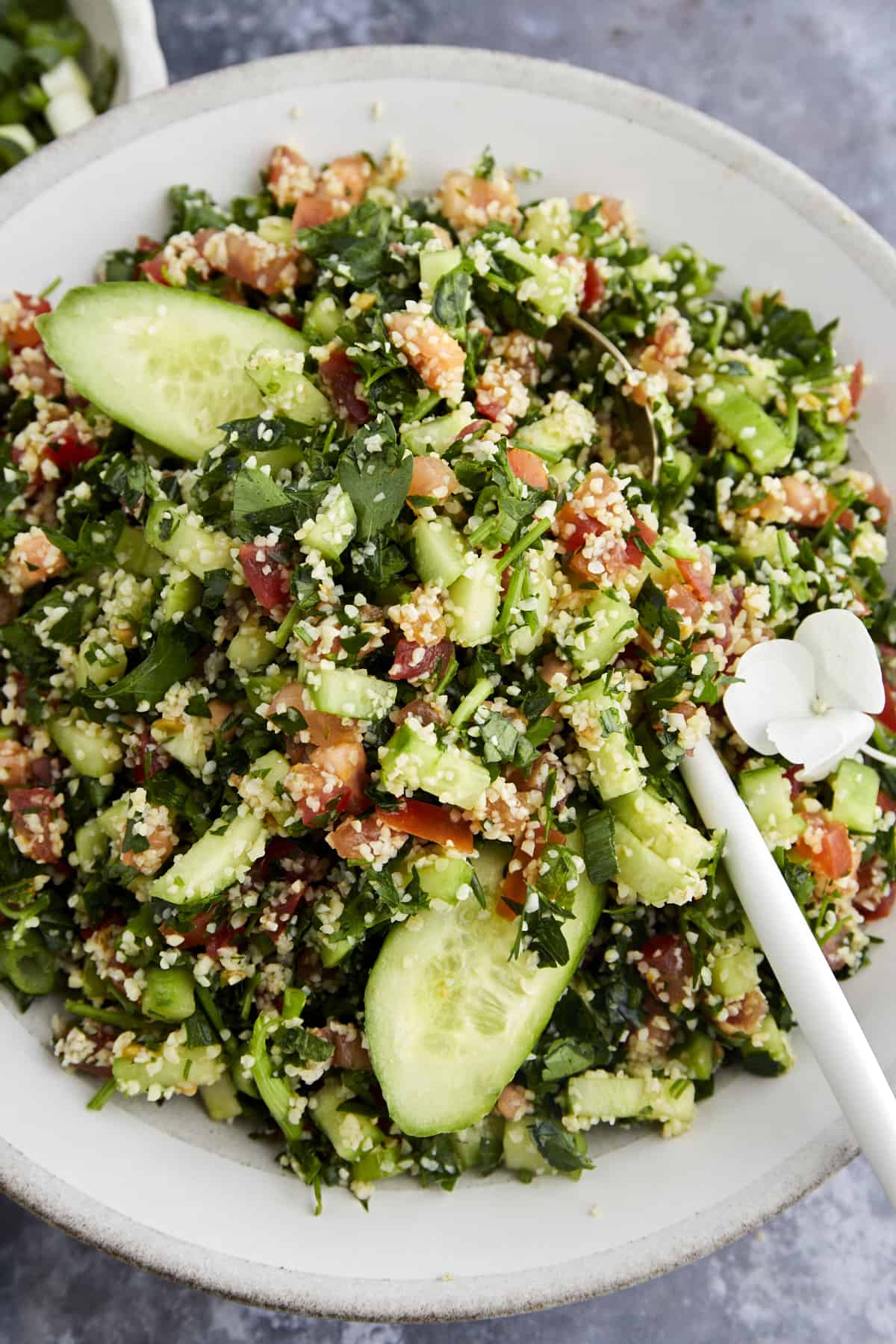 A bowl of easy tabbouleh salad with bulgur wheat.