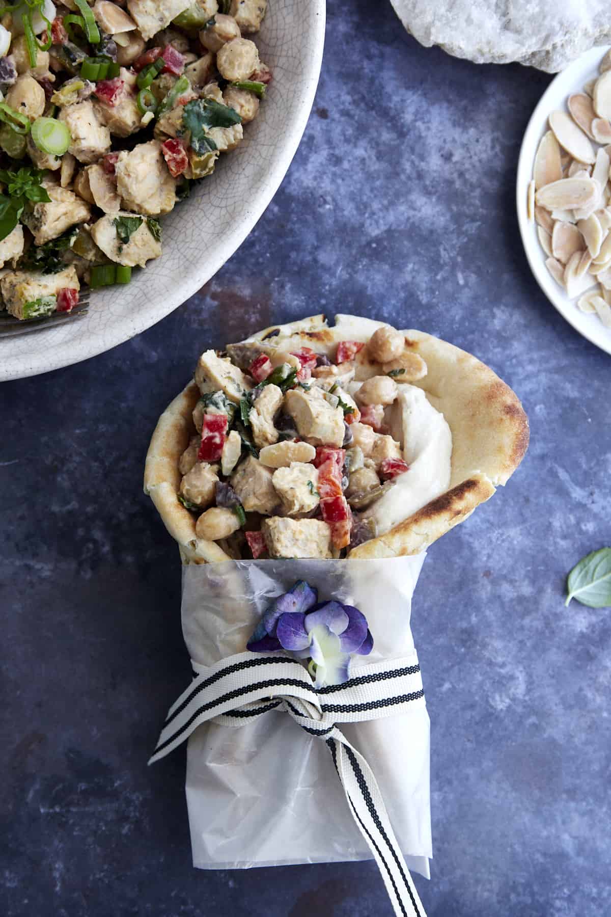 Chickpea chicken salad stuffed in pita bread.