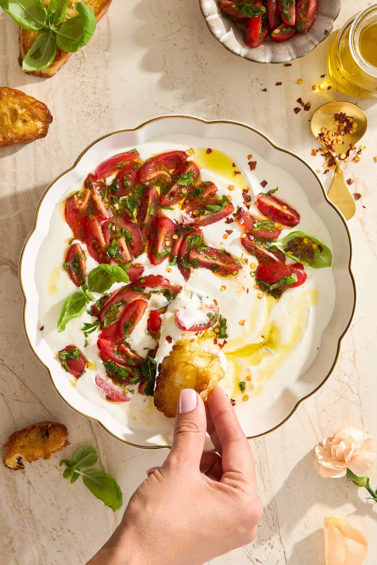 A hand dips toasted bread into a plate of whipped cottage cheese topped with sliced tomatoes, herbs, olive oil, and chili flakes. Fresh basil leaves and additional toasts decorate the table.