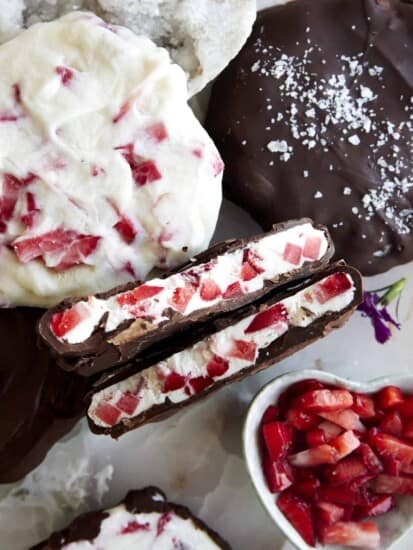 A chocolate strawberry yogurt cluster split in half.