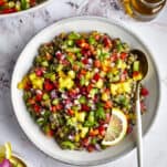 Overhead image of a bowl of lentil mango salad.