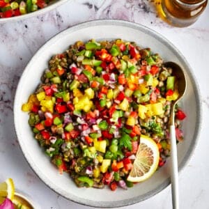 Overhead image of a bowl of lentil mango salad.