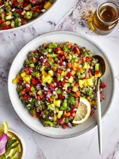 Overhead image of a bowl of lentil mango salad.