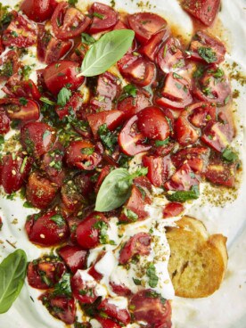 Overhead image of whipped cottage cheese and tomatoes topped with fresh herbs.