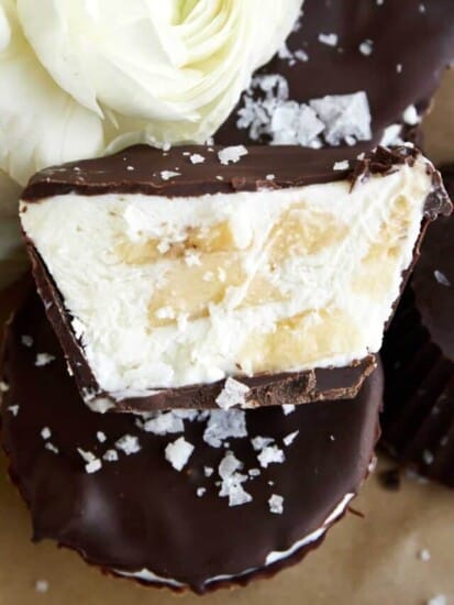 Half a peanut butter banana yogurt bite topped with sea salt.