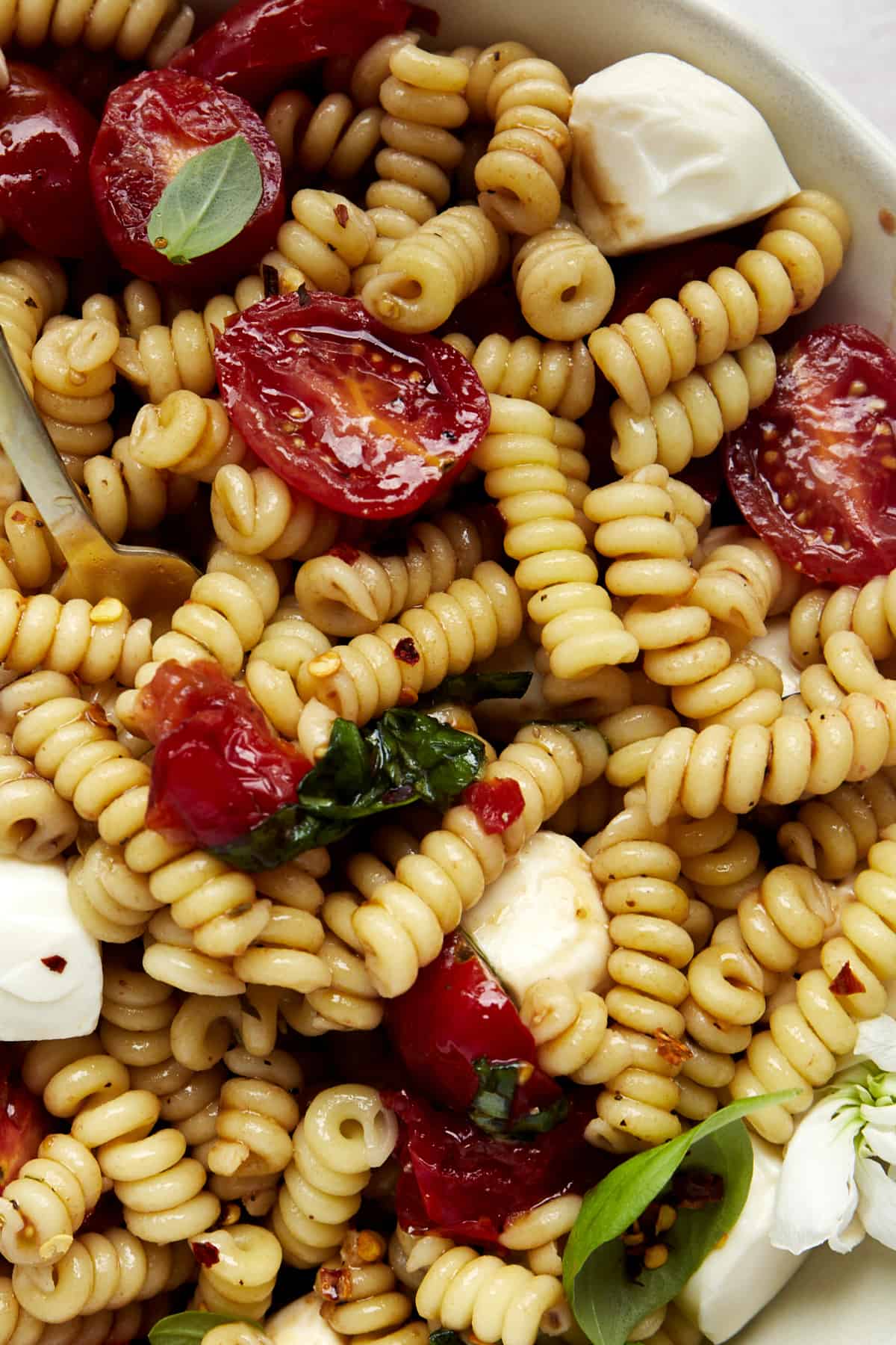 Close up image of a bowl full of caprese pasta salad. 