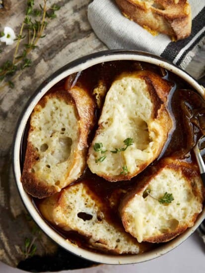 Overhead image of a bowl of easy French onion soup.