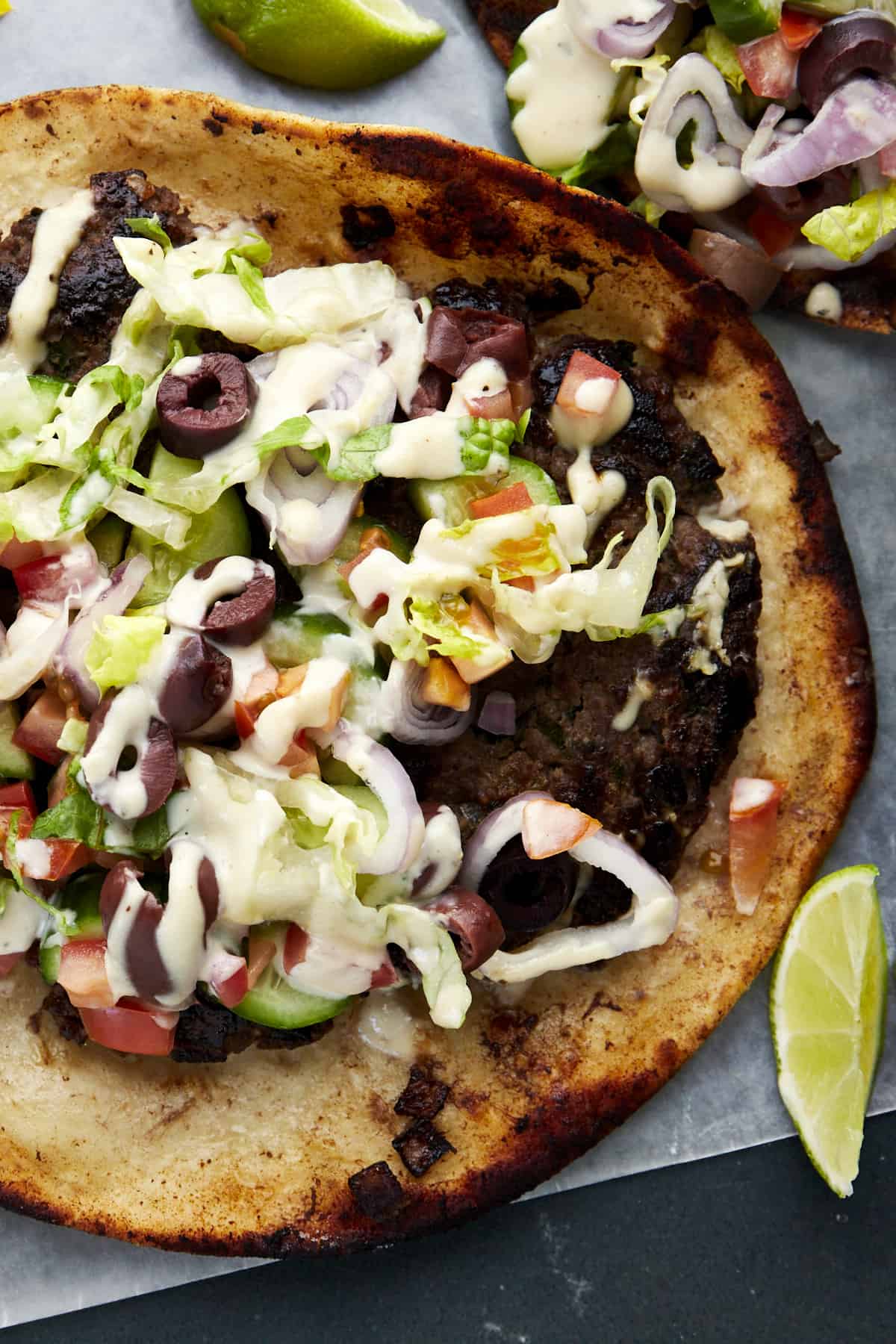 Greek-inspired smashed taco.