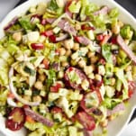 Overhead image of a bowl of Italian chopped salad.
