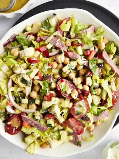 Overhead image of a bowl of Italian chopped salad.