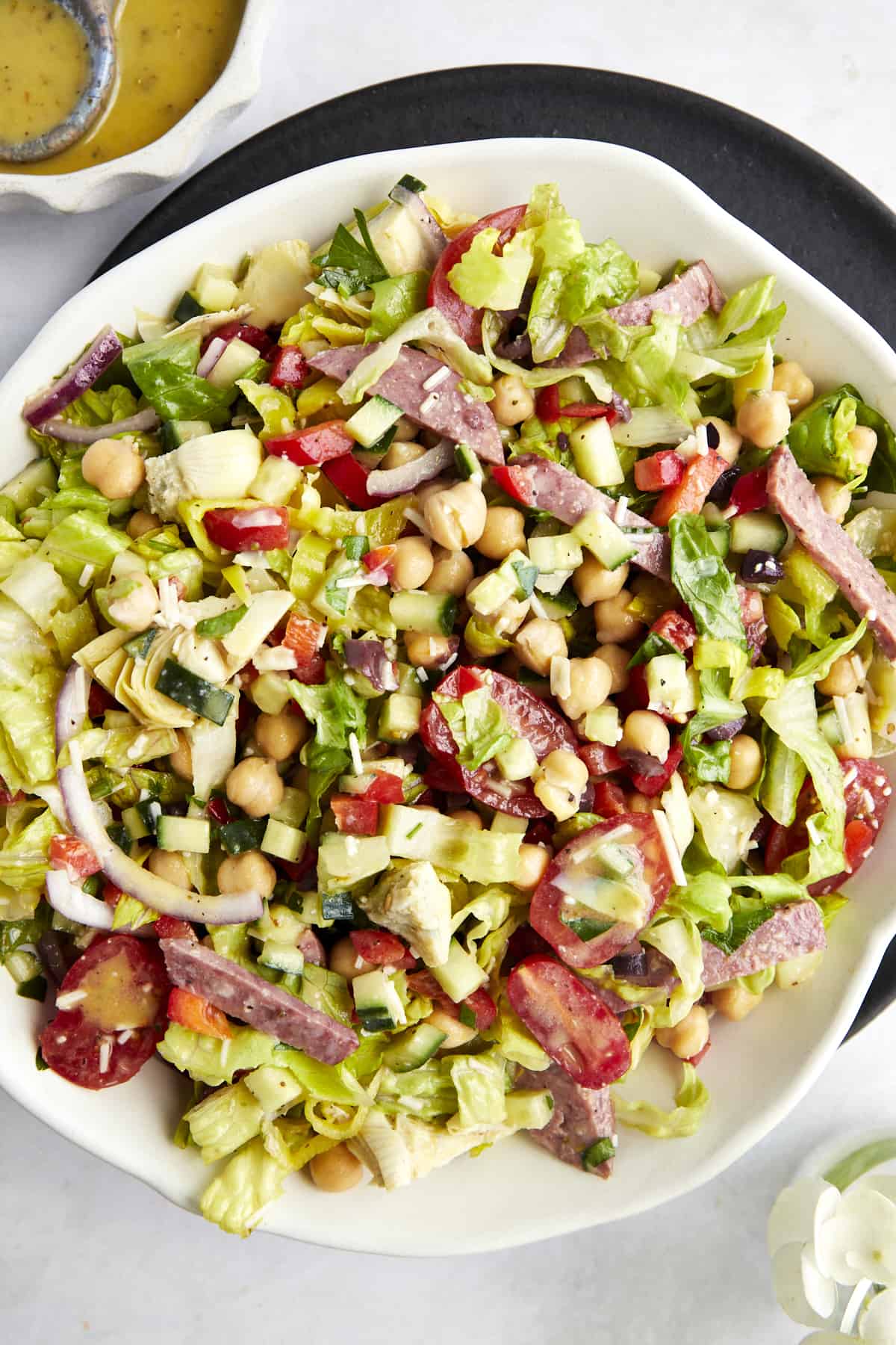 Overhead image of a bowl of Italian chopped salad. 