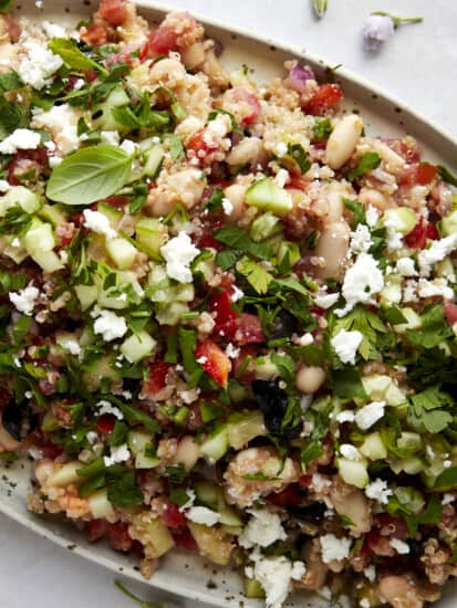 Quinoa cannellini bean salad on a platter.