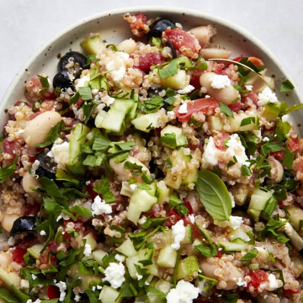 Overhead image of quinoa cannellini bean salad.