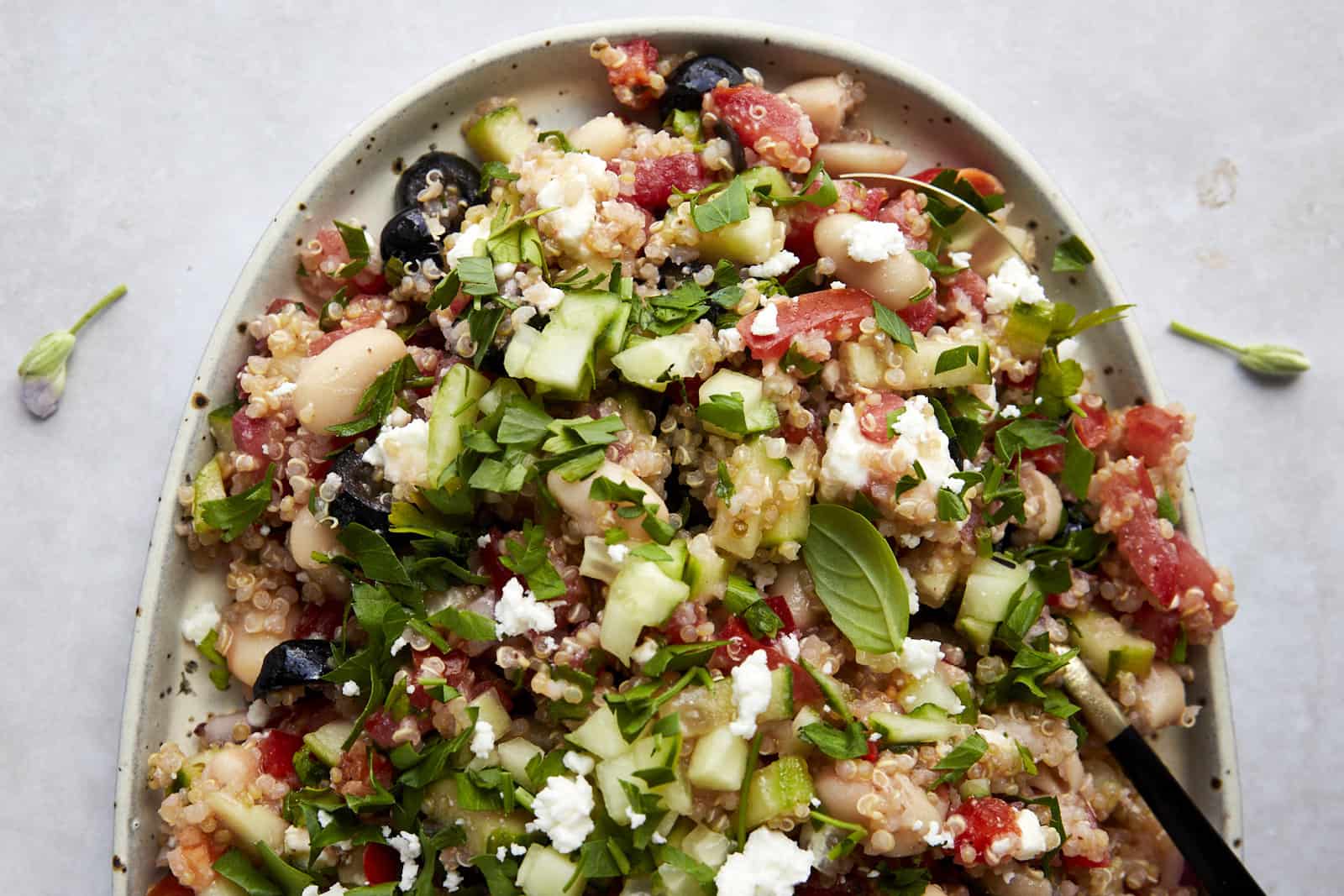Overhead image of quinoa cannellini bean salad.