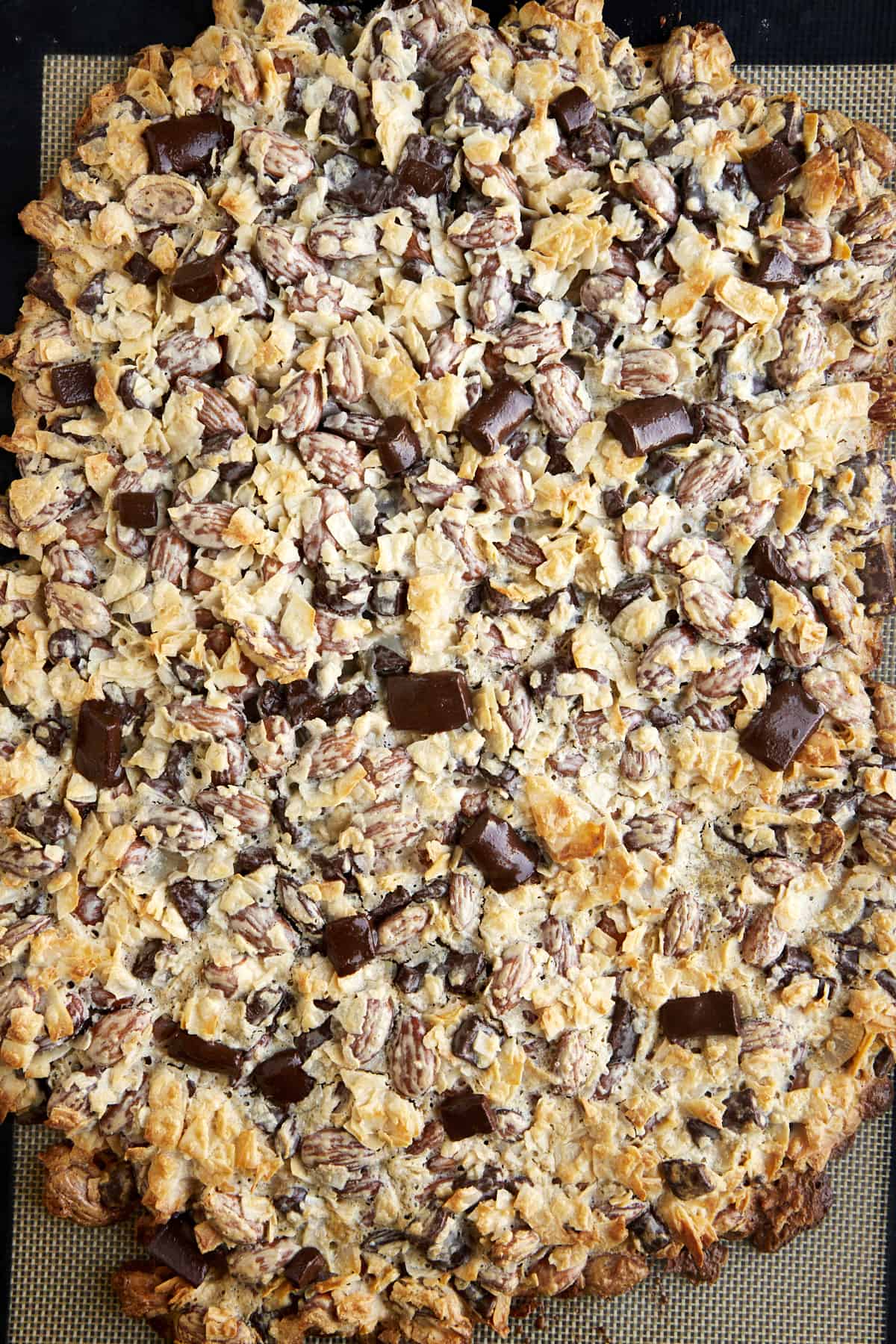 A slab of coconut chocolate almond bark. 