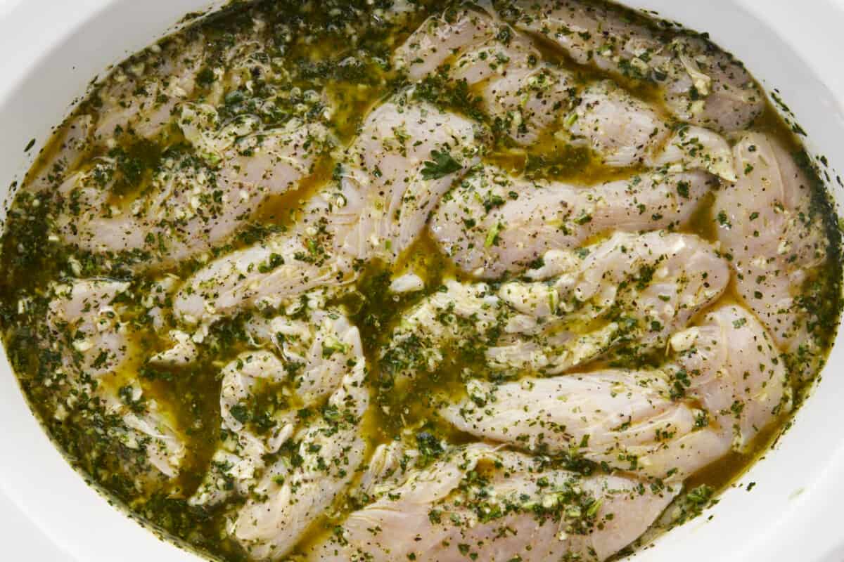 Chicken tenders in an olive oil lime marinade. 