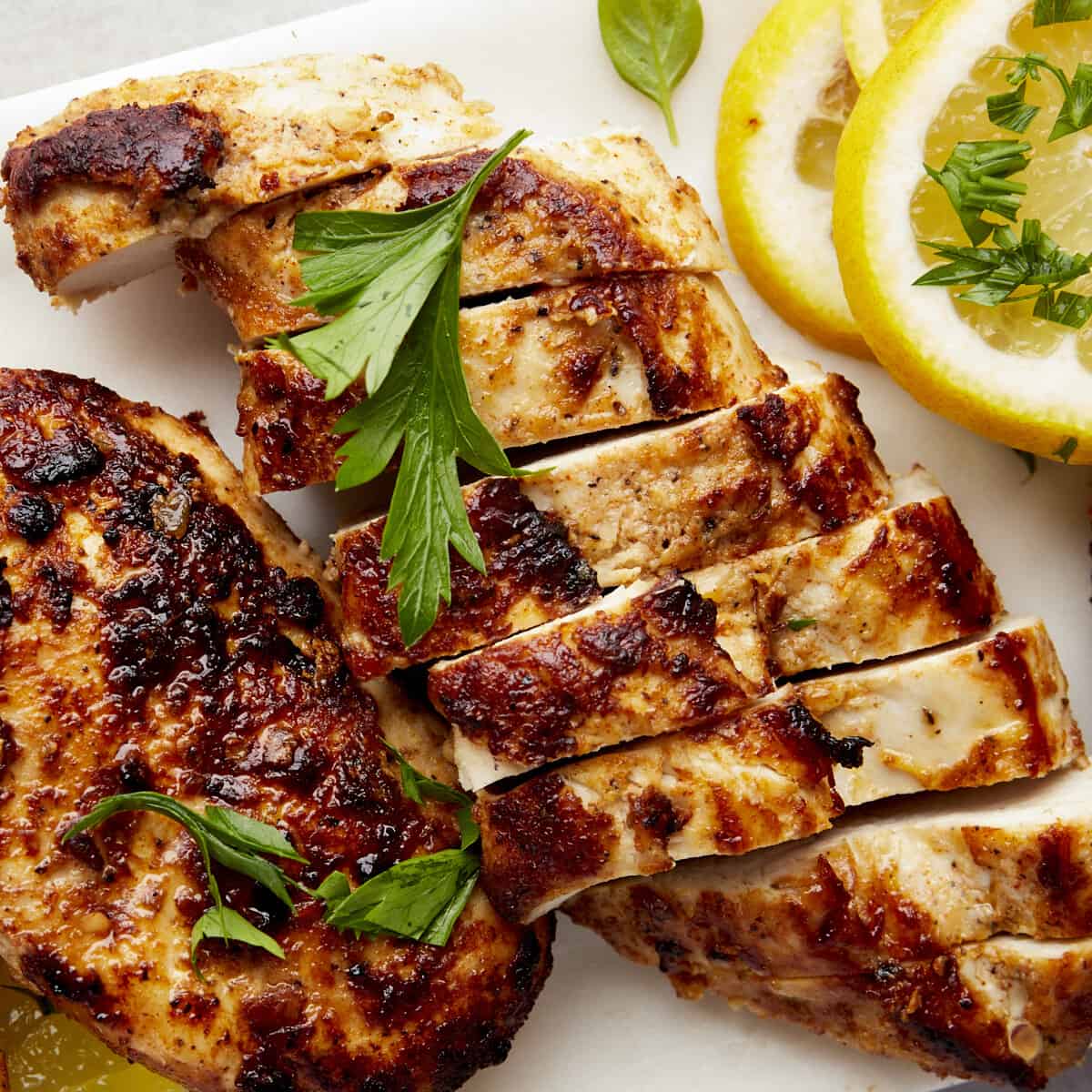 Sliced Greek lemon chicken breasts.