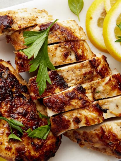 Sliced Greek lemon chicken breasts.