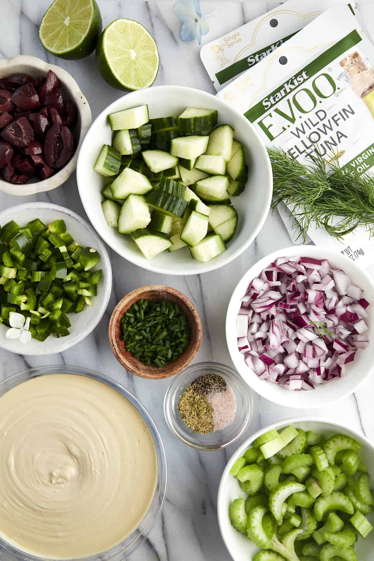 Ingredients needed for Mediterranean tuna salad. 