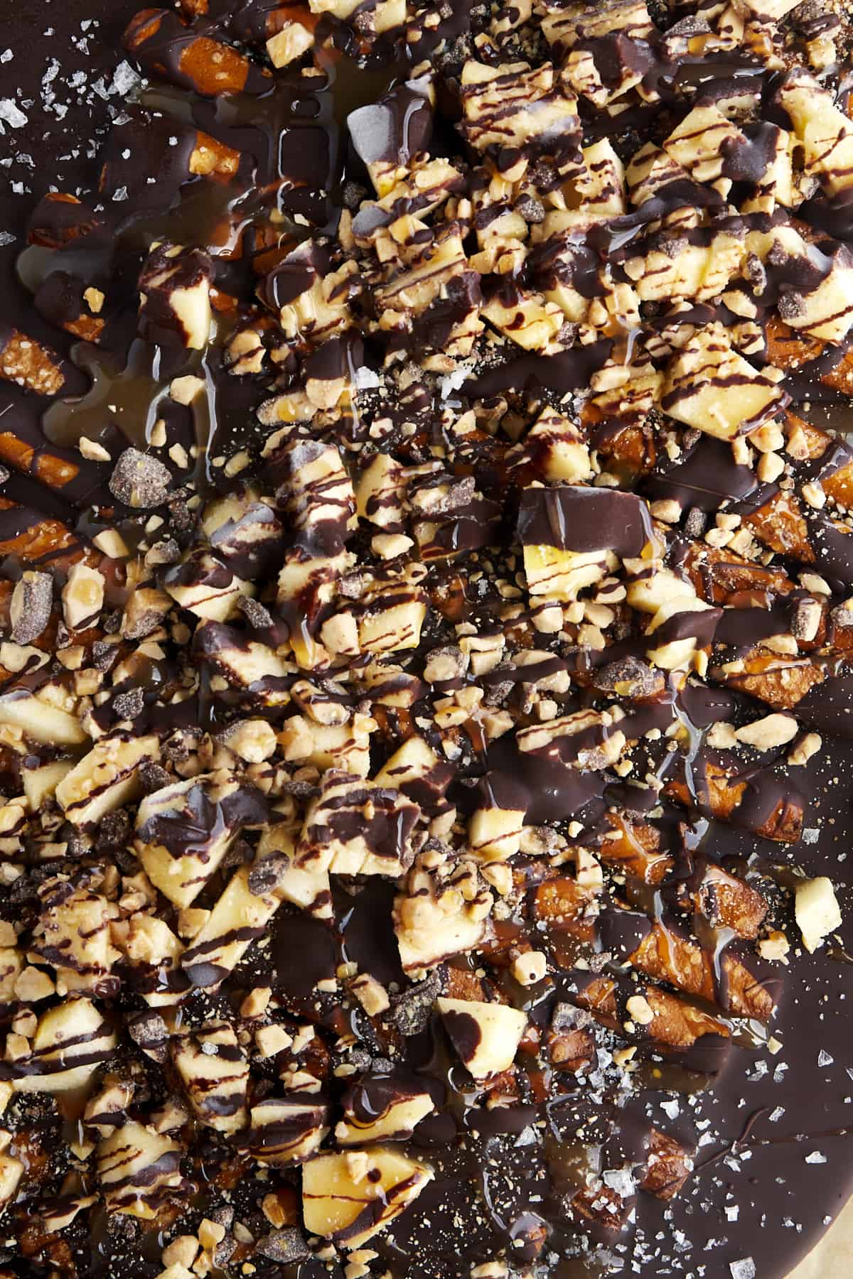 A slab of caramel apple pretzel bark. 