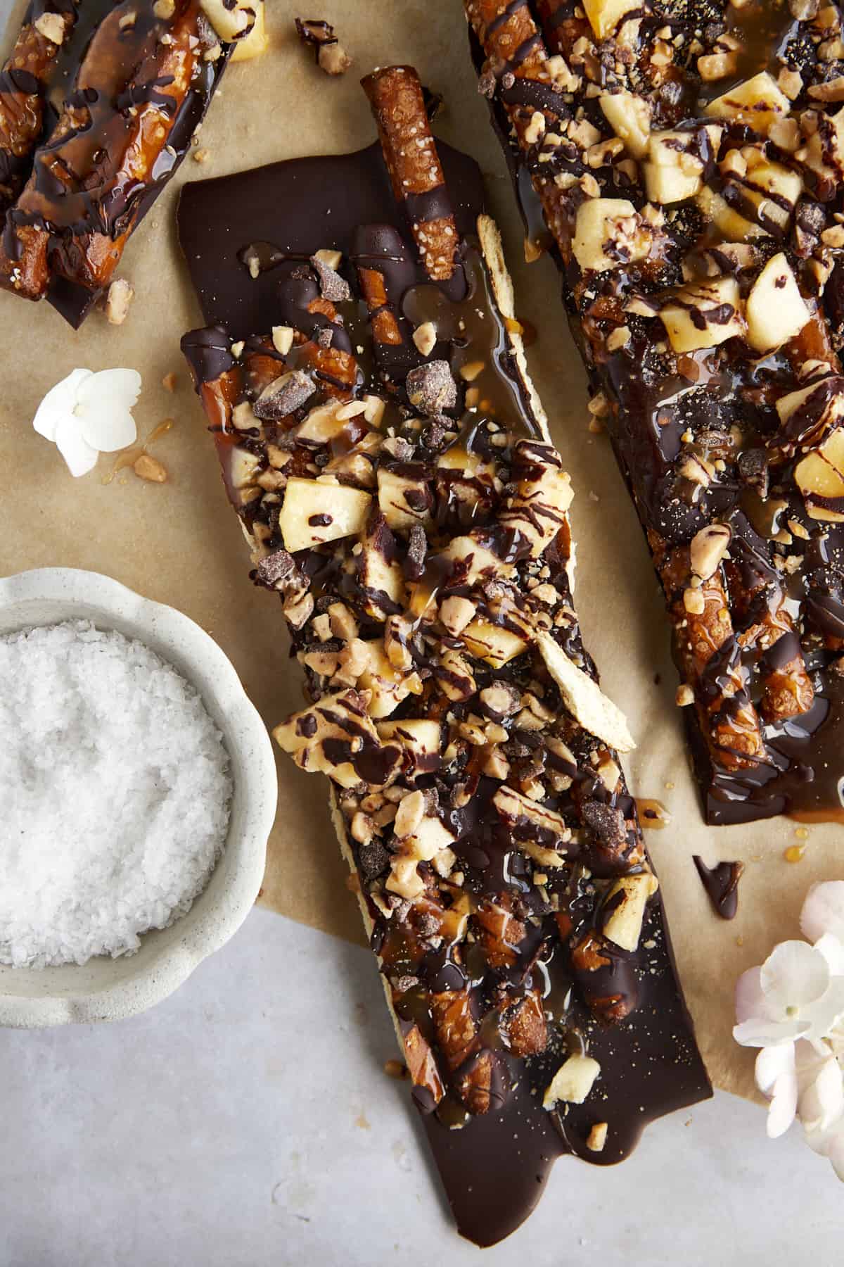 Pieces of caramel apple bark with pretzels. 