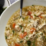 Close up image of a bowl of chicken and rice soup.