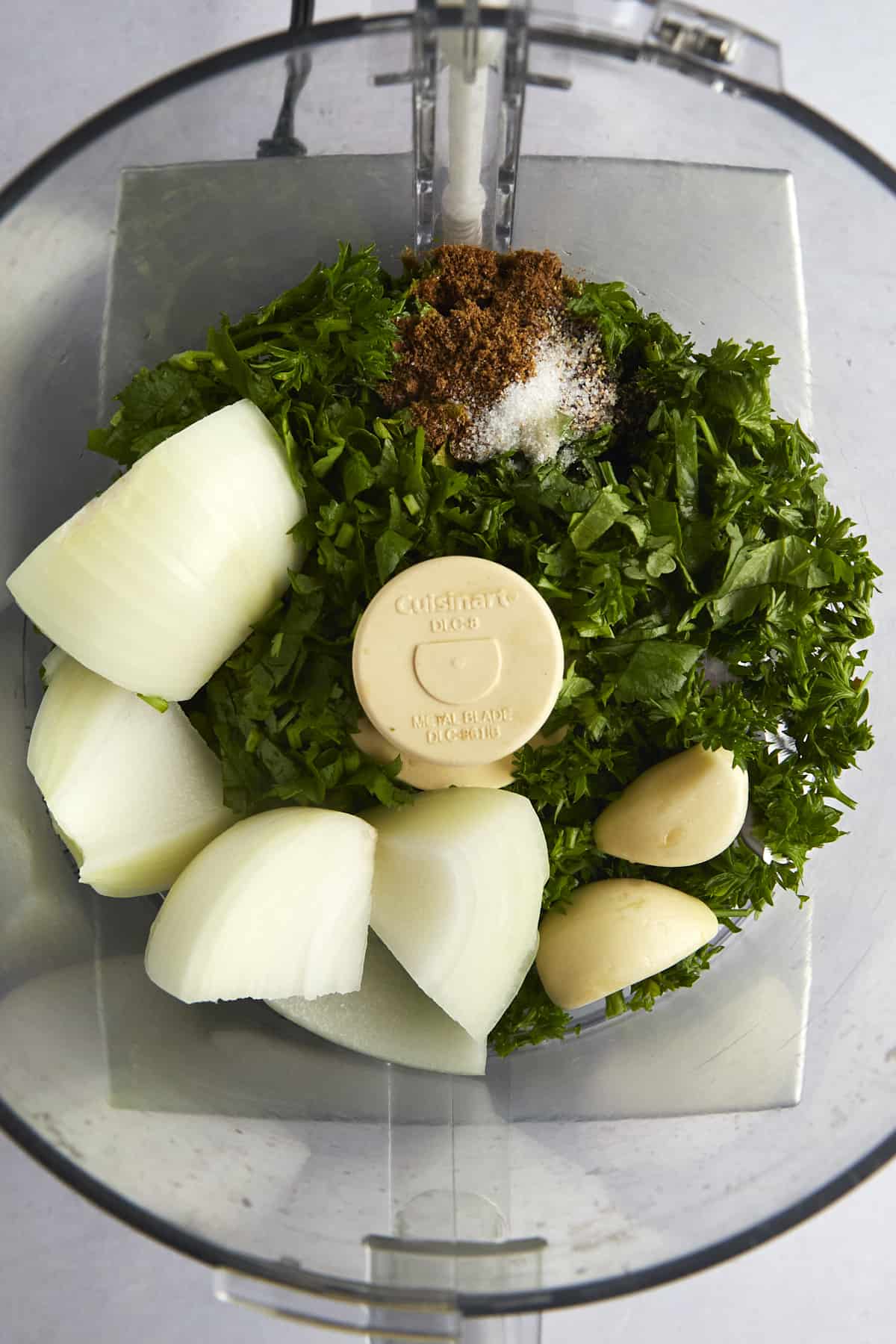 Ingredients for shrimp kofta in a food processor.