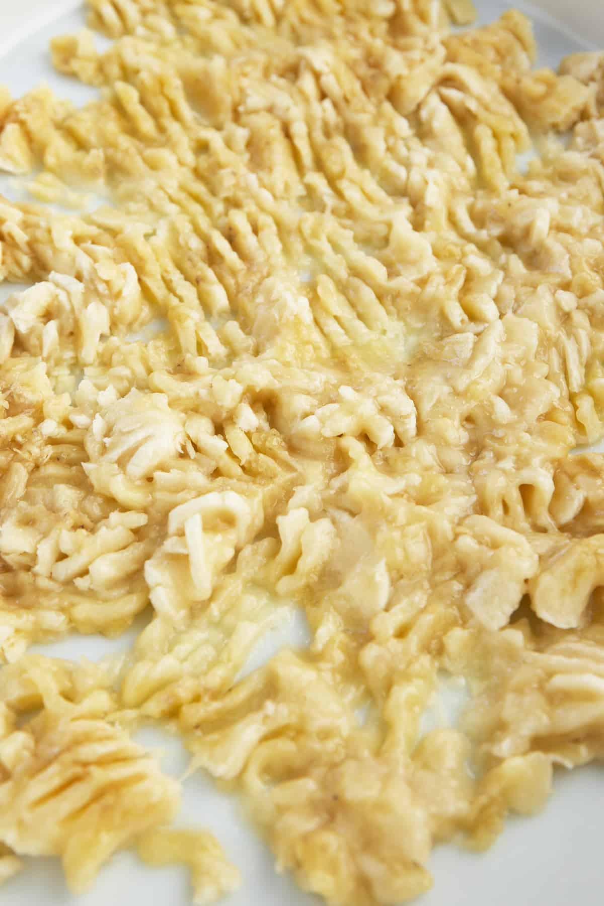 Mashed bananas in a baking dish. 