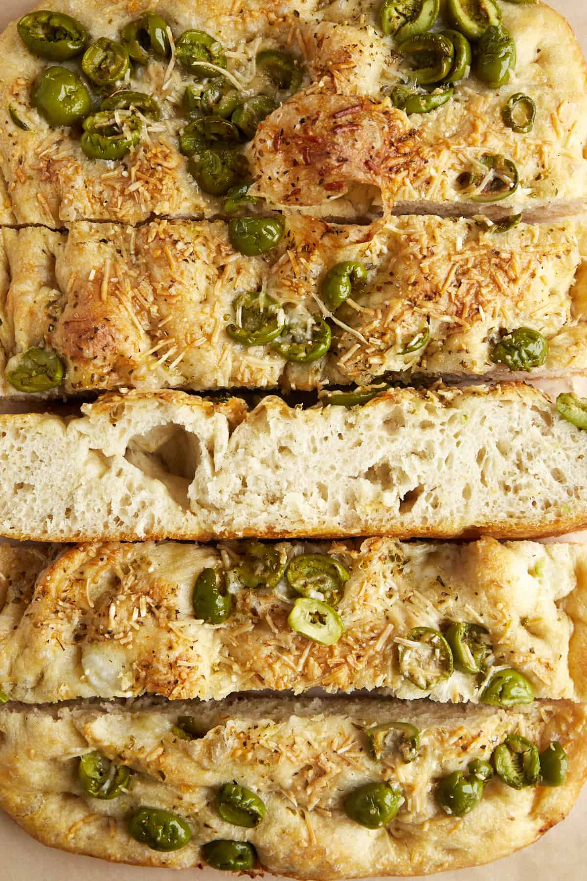 Slices of No-Knead Olive Focaccia Bread.