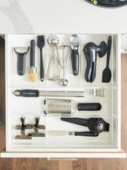 Kitchen gadgets organized in a drawer.