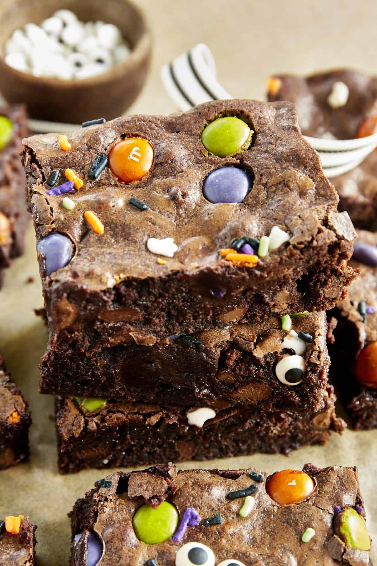 A stack of three Halloween brownies. 